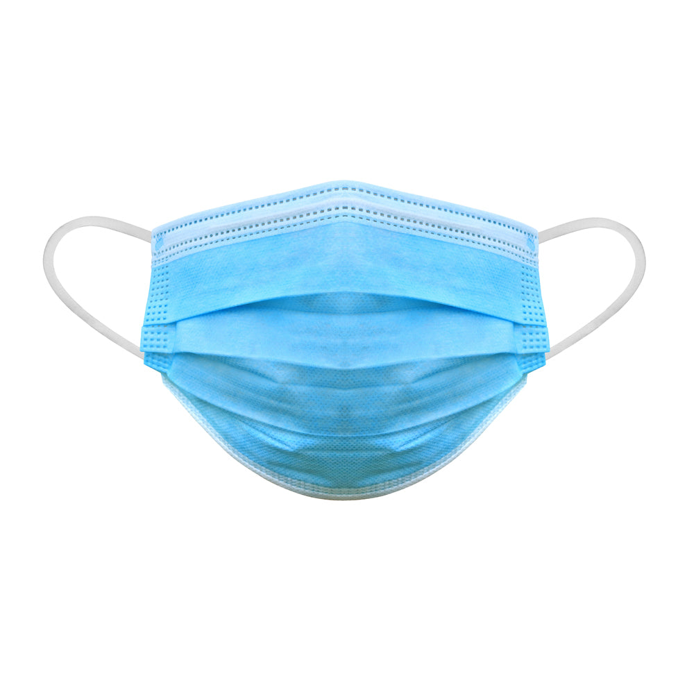 Light-blue disposable surgical face mask with ear loops, front view on white background.
