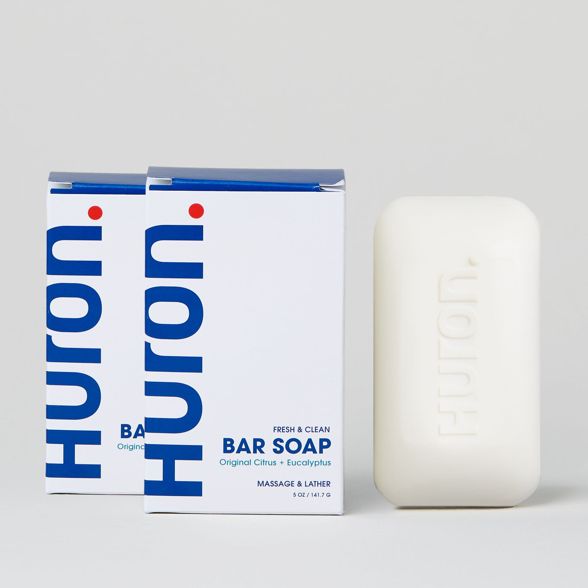 Huron Bar Soap 2 Pack with original citrus and eucalyptus scent, massage & lather instructions