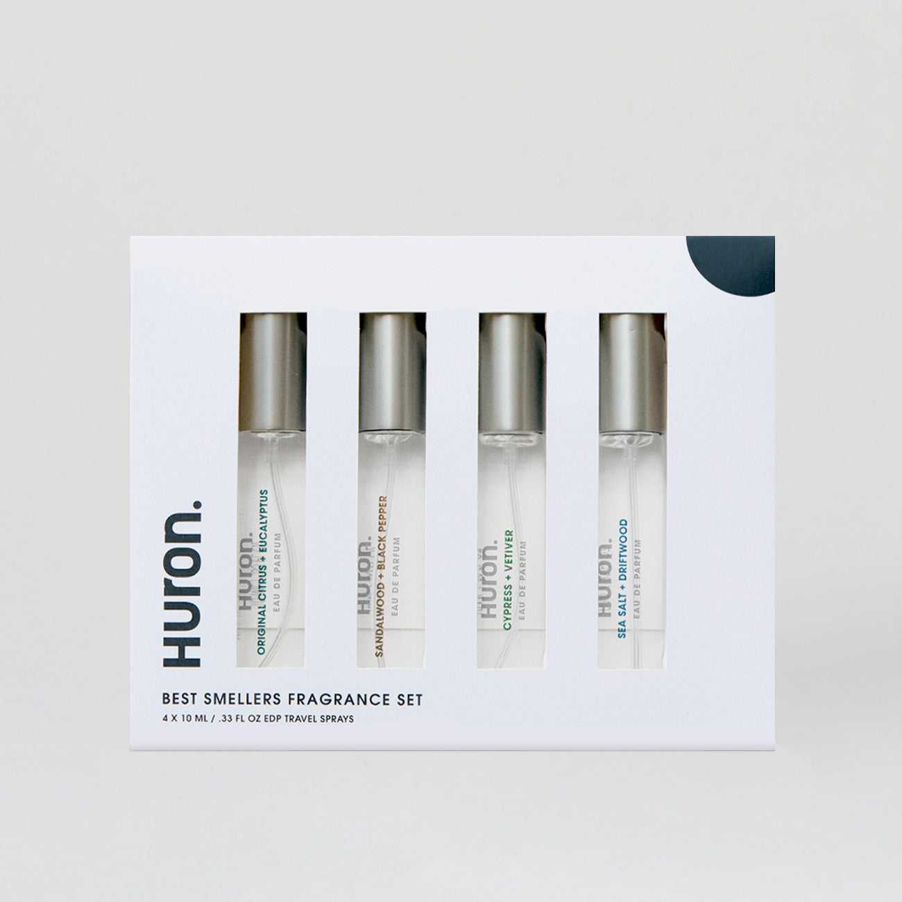 Best Smellers Fragrance Set with four travel EDP sprays: Original Citrus + Eucalyptus, Sandalwood + Black Pepper, Cypress + Vetiver, Sea Salt + Driftwood.