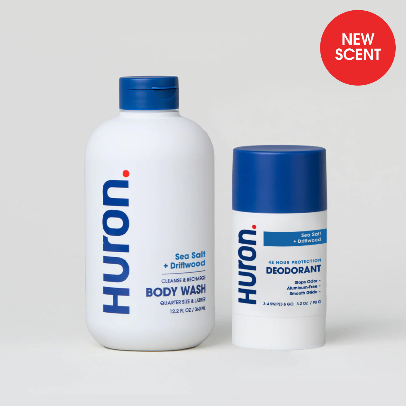 Huron body wash and deodorant, Sea Salt + Driftwood scent, with NEW SCENT badge #scent_sea salt + driftwood
