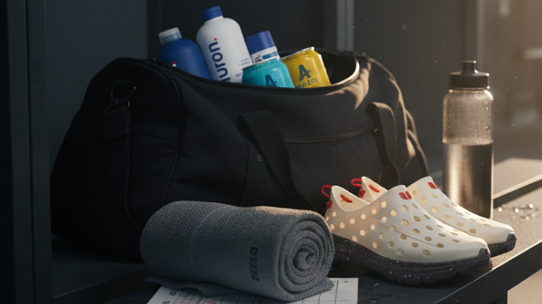 Shoes, towel, and bottles on a table with Kane Huron and Athletic Brewing Co. branding.