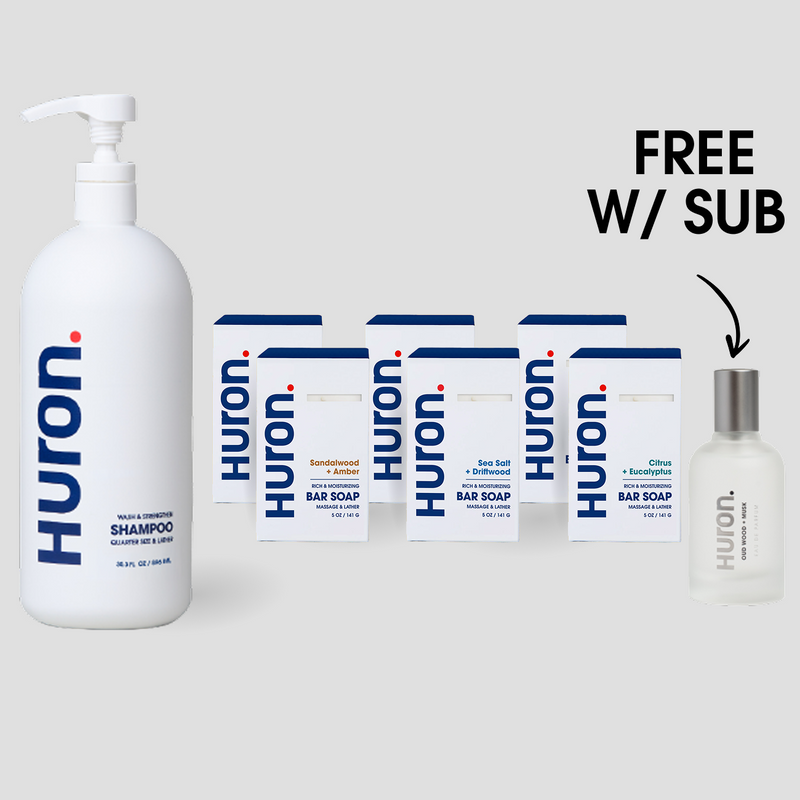 HURON SHAMPOO; HURON BAR SOAP - Sandalwood + Amber; Sea Salt + Driftwood; Citrus + Eucalyptus; FREE HURON #scent_oud wood + musk #subscription