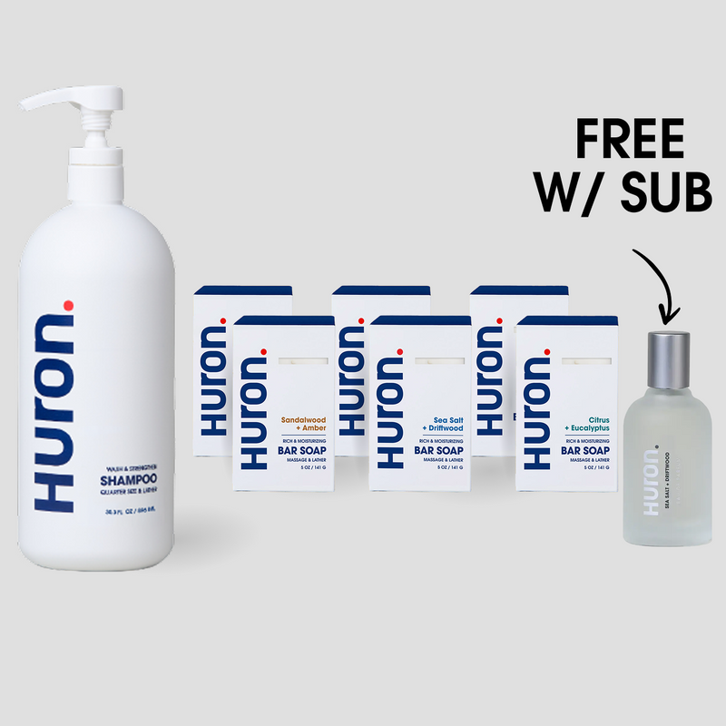 HURON SHAMPOO; HURON BAR SOAP - Sandalwood + Amber; Sea Salt + Driftwood; Citrus + Eucalyptus; FREE HURON #scent_sea salt + driftwood #subscription