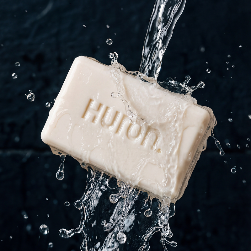 Single white bar soap embossed 'HUTTON' under running water on a dark textured background.