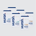 Front view of six Huron bar soap boxes showing three scents (Sandalwood, Citrus, Sea Salt) on light gray background