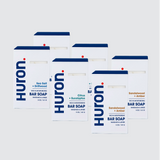 Front view of six Huron bar soap boxes showing three scents (Sandalwood, Citrus, Sea Salt) on light gray background
