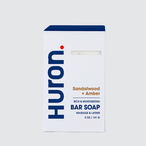 Huron box, Sandalwood + Amber; RICH & MOISTURIZING; BAR SOAP; MASSAGE & LATHER; 5 OZ / 141 G