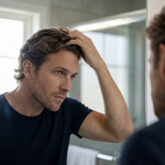 Man styling his hair in front of a bathroom mirror, running fingers through short wavy hair in natural daylight