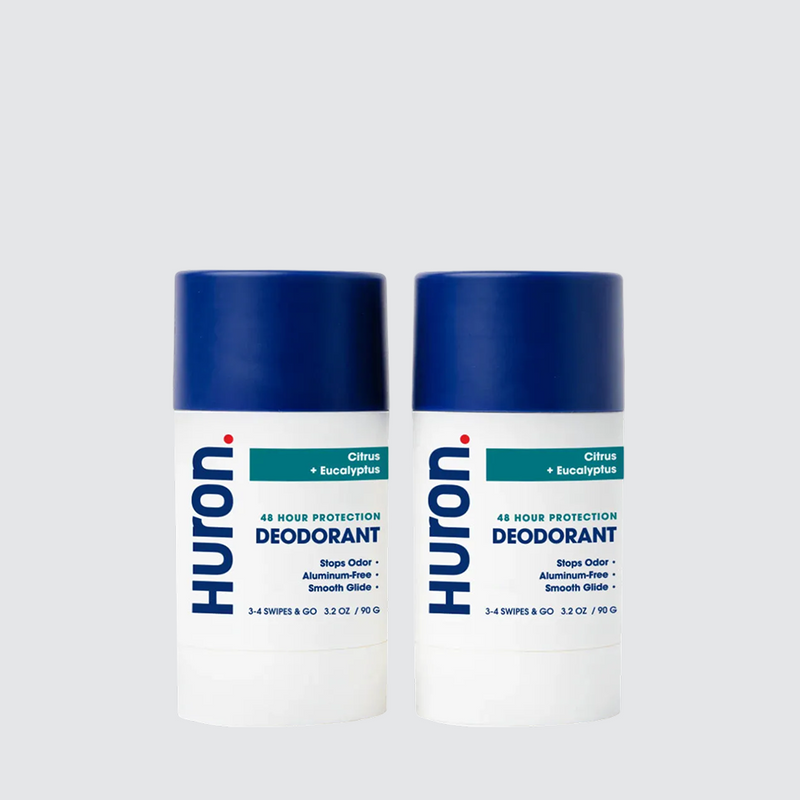 Two Huron Deodorant sticks labelled with 48 hour protection and citrus + eucalyptus scent. #scent_citrus + eucalyptus