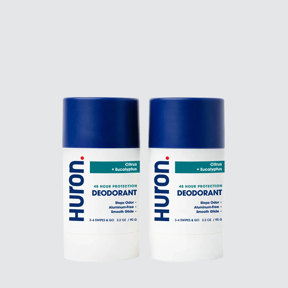 Two Huron Deodorant sticks labelled with 48 hour protection and citrus + eucalyptus scent. #scent_citrus + eucalyptus