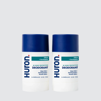 Two Huron Deodorant sticks labelled with 48 hour protection and citrus + eucalyptus scent. #scent_citrus + eucalyptus