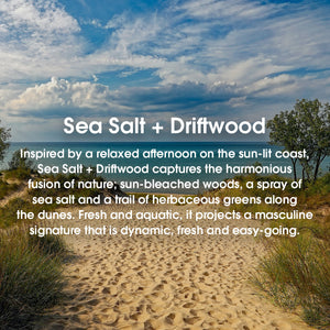 Promotional banner titled Sea Salt and Driftwood over a sunlit sandy dune path to the ocean, evoking a fresh aquatic scent #scent_sea salt + driftwood