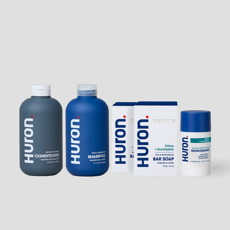 Huron SHAMPOO and CONDITIONER, two BAR SOAP boxes (Citrus + Eucalyptus), plus Huron DEODORANT #scent_citrus + ecualyptus