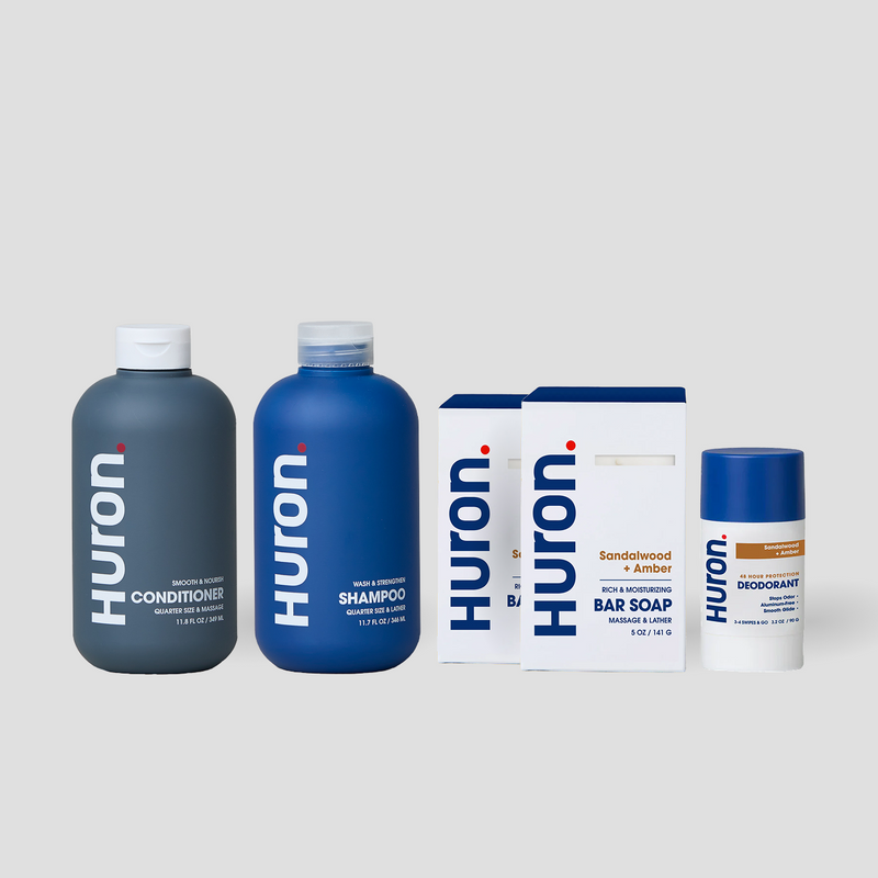 Huron Conditioner; Huron Shampoo; two Huron Bar Soap (Sandalwood + Amber); Huron Deodorant #scent_sandalwood + amber