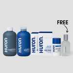 Huron Bar Soap Hero Bundle with shampoo, conditioner, two bar soaps, deodorant, and FREE cologne on light gray background #scent_sea salt + driftwood