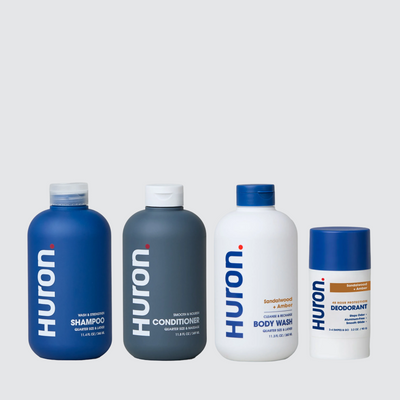 Huron toiletry set: Huron SHAMPOO; CONDITIONER; BODY WASH (Sandalwood & Amber); DEODORANT #scent_sandalwood + amber