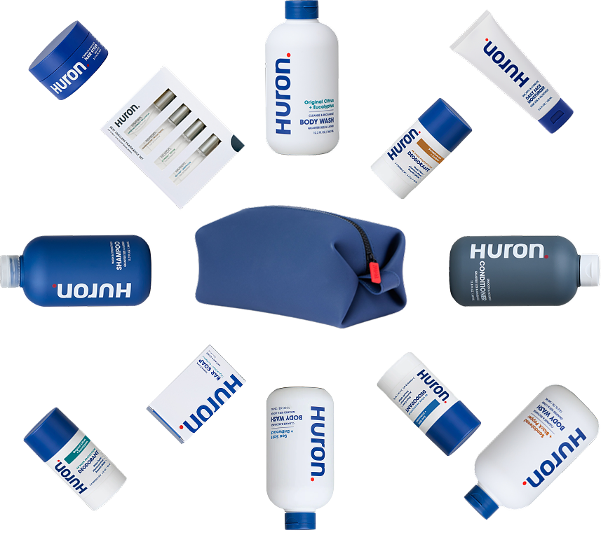Huron pouch and products: Huron,BODY WASH,SHAMPOO,CONDITIONER,DEODORANT,BAR SOAP,Original Citrus + Eucalyptus