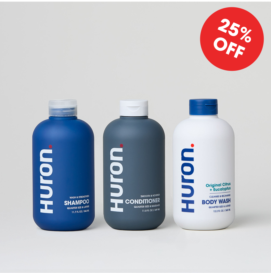 Three Huron products: Shampoo, Conditioner, and Original Citrus Body Wash.#scent_citrus + eucalyptus