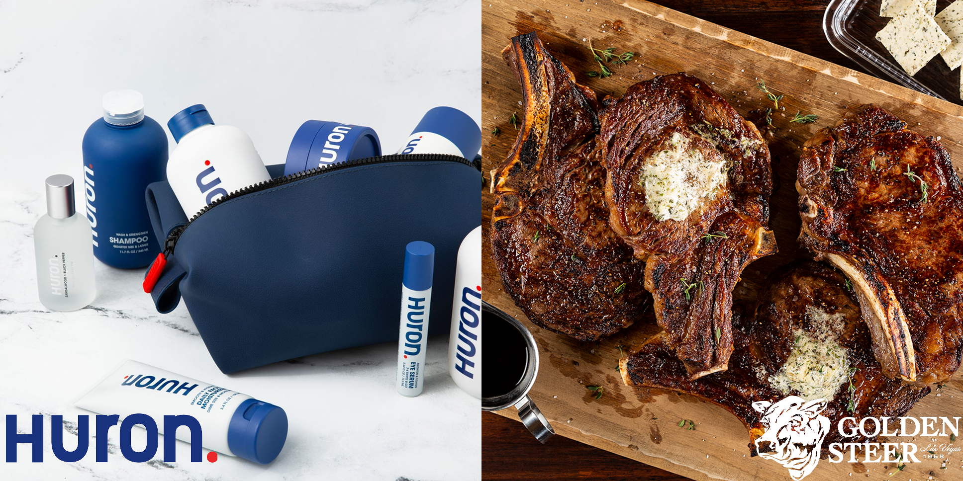 Huron toiletries (SHAMPOO, EYE SERUM) in travel bag beside grilled steaks, GOLDEN STEER Las Vegas 1958