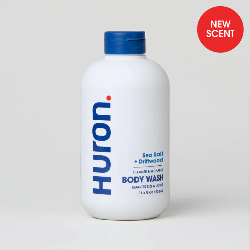 Huron Body Wash in Sea Salt Driftwood scent, labeled 'NEW SCENT'