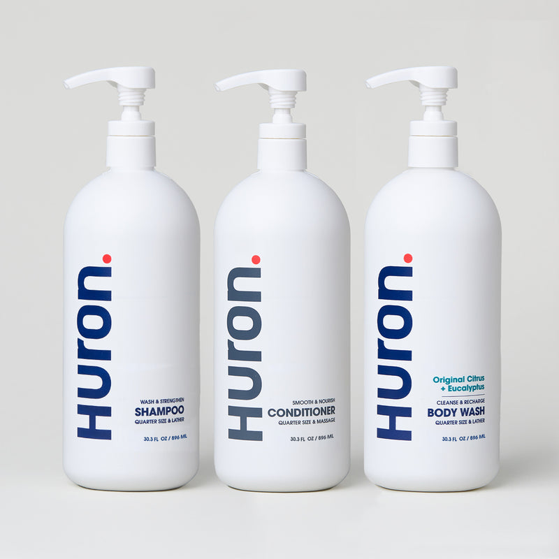 Three Huron personal care products: shampoo, conditioner, and original citrus body wash. #scent_citrus + eucalyptus