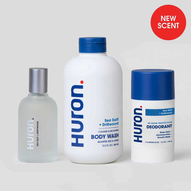 Huron. Sea Salt + Driftwood BODY WASH, DEODORANT, and EAU DE PARFUM; NEW SCENT badge. #scent_sea salt + driftwood
