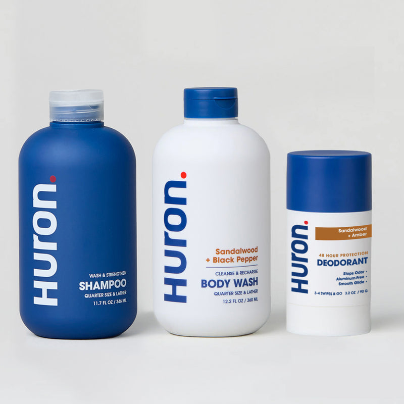 Three Huron products:  SHAMPOO,  BODY WASH and DEODORANT  all with the scent of Sandalwood + Amber #scent_sandalwood + amber