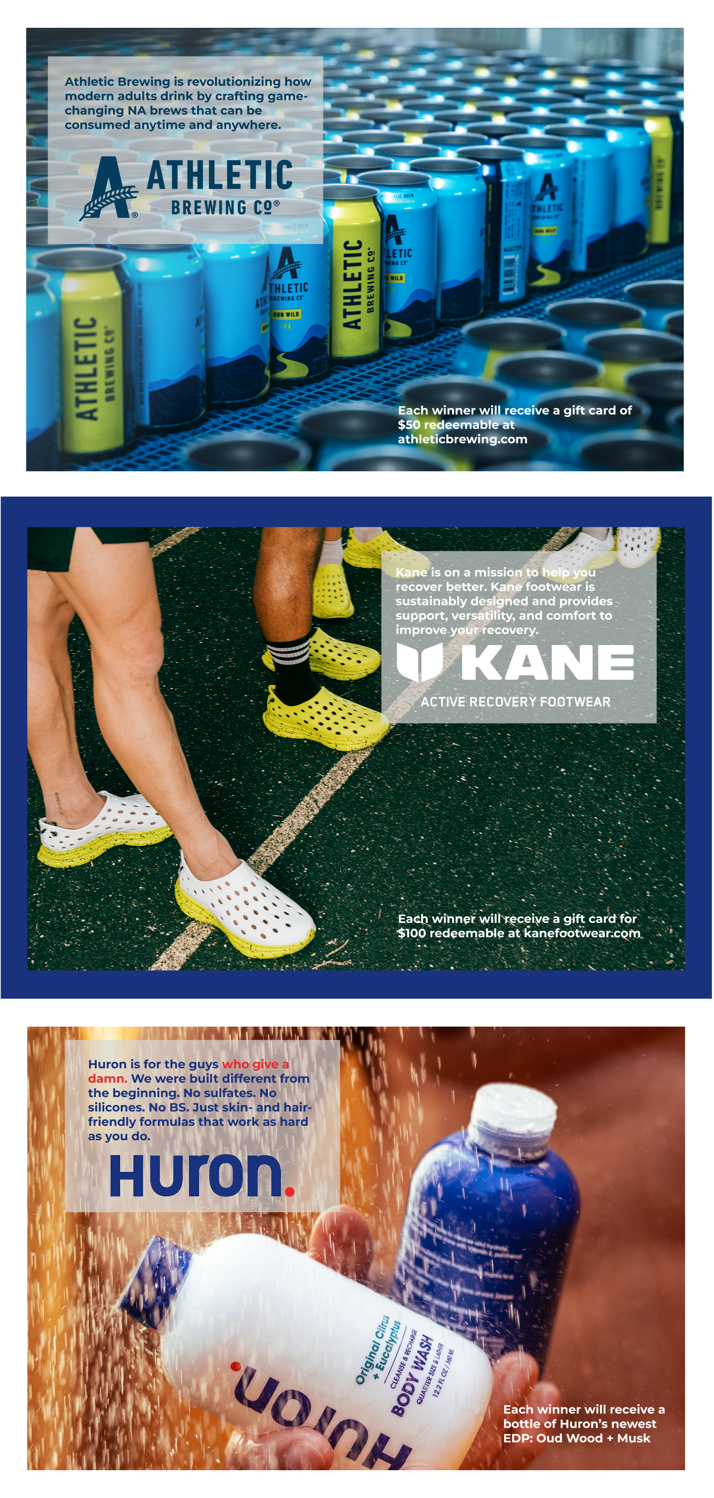 Three ads: Athletic Brewing cans; people wearing yellow/white Kane recovery shoes; hands holding Huron body wash in shower.