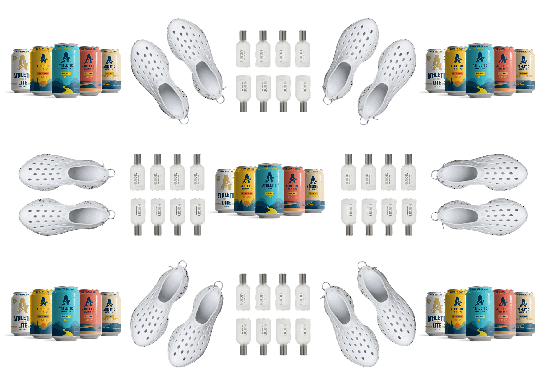Top-down view of Kane white holey slip-on shoes, Huron travel spray bottles, and Athletic Brewing cans arranged in a repeating pattern on black background