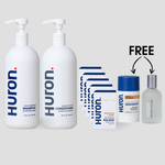 HURON SHAMPOO, CONDITIONER, 5 bar soaps with free DEODORANT and cologne — Sea Salt + Driftwood; FREE label visible #scent_sandalwood + amber