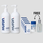 HURON JUMBO SHAMPOO, JUMBO CONDITIONER, 5 Bar Soaps a with free DEODORANT and cologne — Sea Salt + Driftwood; FREE label visible #scent_sea salt + driftwood