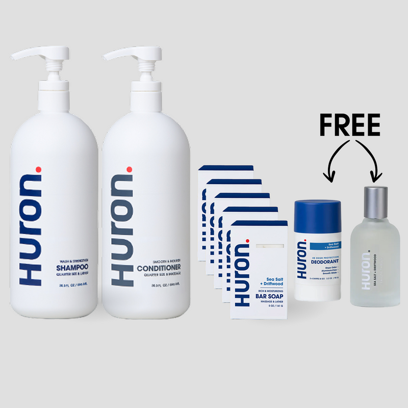 HURON JUMBO SHAMPOO, JUMBO CONDITIONER, 5 Bar Soaps a with free DEODORANT and cologne — Sea Salt + Driftwood; FREE label visible #scent_sea salt + driftwood