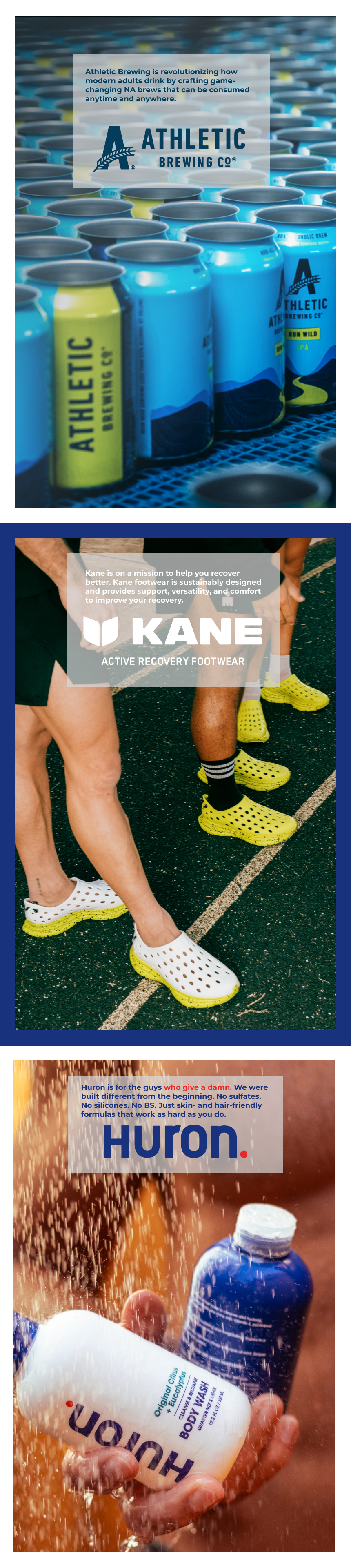 Three vertical ads: Athletic Brewing Co. cans, athletes wearing KANE recovery shoes, and Huron personal-care bottles in a shower.
