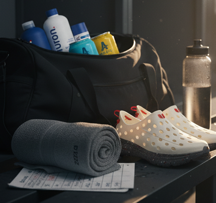 Gym bag with water bottles and supplements, rolled towel, perforated slip-on shoes, and a reusable water bottle on a bench.