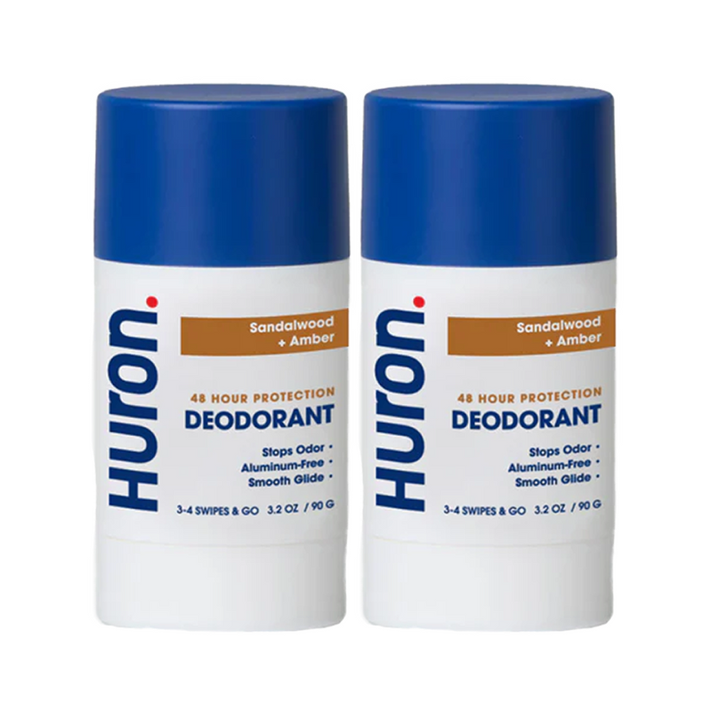 Two Huron deodorant sticks with blue caps, Sandalwood + amber scent #scent_sandalwood + black pepper