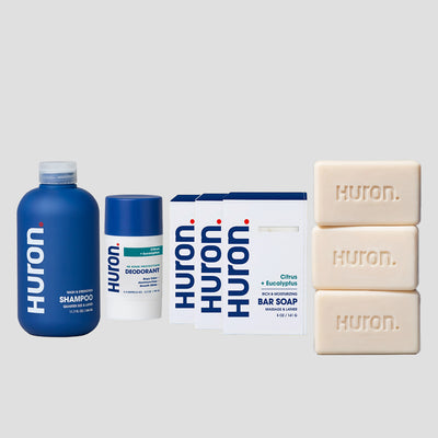 A shampoo, deodorant and 3 bar soaps. Bar soaps + deodorant in matching citrus + eucalyptus fragrance. #scent_citrus + eucalyptus