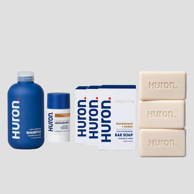 A shampoo, deodorant and 3 bar soaps. Bar soaps + deodorant in matching sandalwood + amber fragrance. #scent_sandalwood + amber