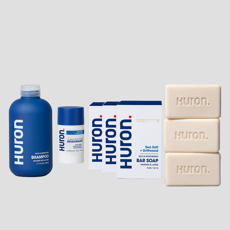 A shampoo, deodorant and 3 bar soaps. Bar soaps + deodorant in matching sea salt fragrance. #scent_sea salt + driftwood