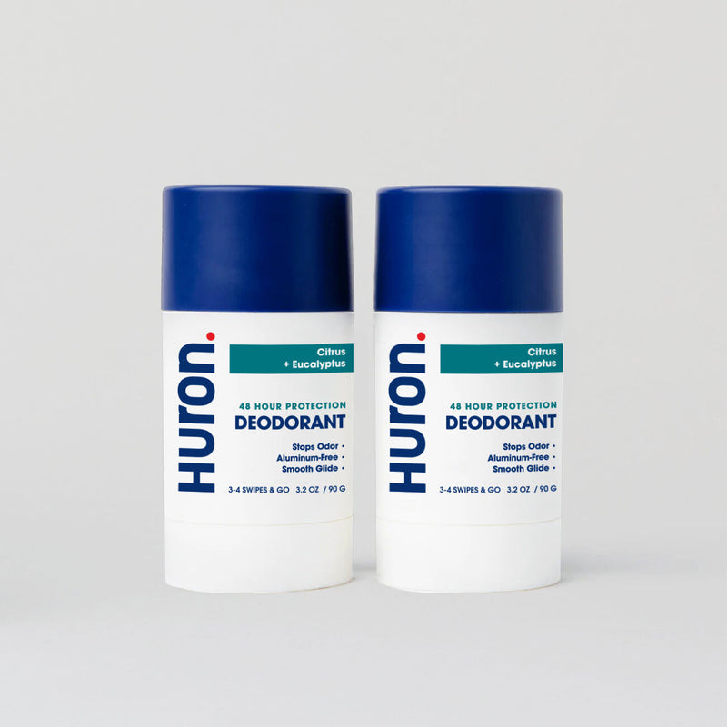 Two Huron Deodorant sticks labelled with 48 hour protection and citrus + eucalyptus scent. #scent_citrus + eucalyptus