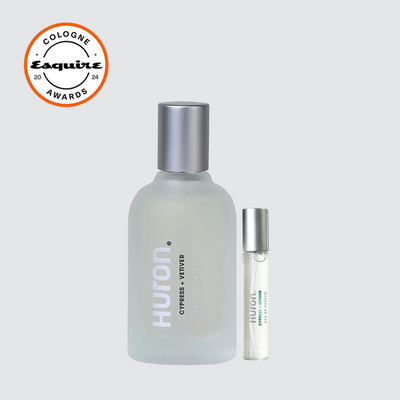 Huron frosted bottle and roller vial labeled Huron CYPRESS + VETIVER, with Esquire COLOGNE AWARDS 20 24 badge #scent_cypress + vetiver