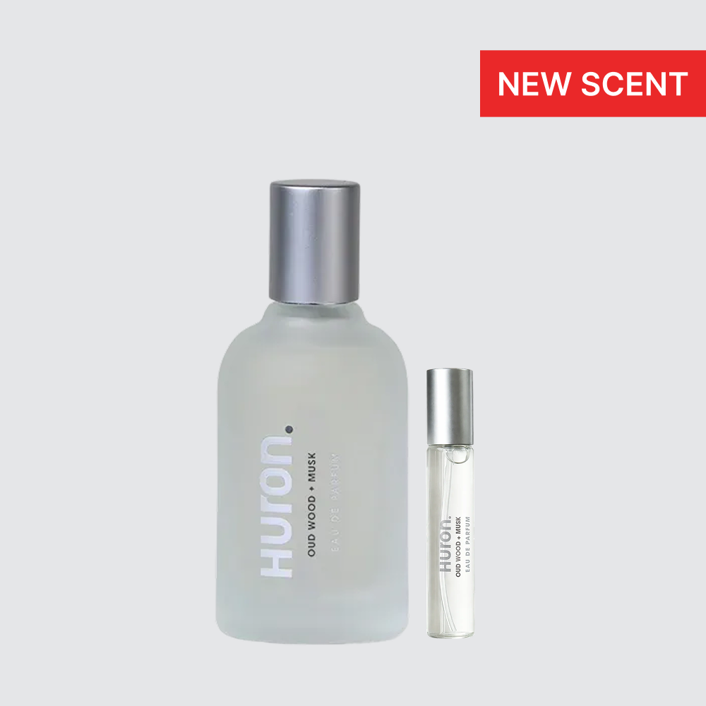 HURON cologne set: large frosted bottle and travel spray with NEW SCENT tag, OUD WOOD + MUSK.