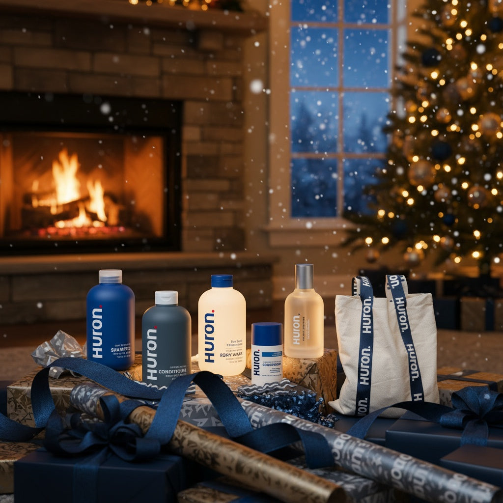 Huron toiletries and branded tote arranged on wrapped gifts by a fireplace and Christmas tree