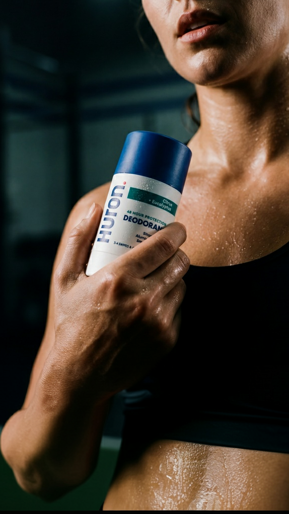 Sweaty athlete holding Huron deodorant (Citrus and Eucalyptus) in a gym setting, label and blue cap visible