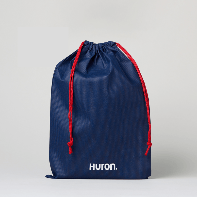 Blue drawstring bag with red drawstrings and 'HURON.' text