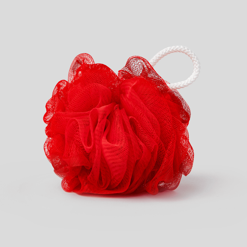 Red shower loofah with a white rope handle